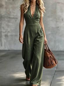 Trelyra Women's Denim Effect Backless Halter Neck Jumpsuit - Army Green - View 3