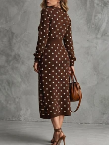 Linhara CURVE 1pc Women's Plus Size V-Neck Fitted Polka Dot Long Sleeve Elegant Vintage Knit Sweater Dress, Suitable For Daily Commute And Date, Spring And Autumn - Coffee Brown - View 2