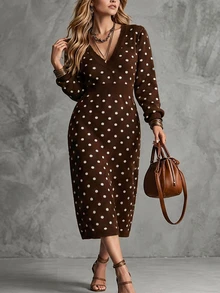 Linhara CURVE 1pc Women's Plus Size V-Neck Fitted Polka Dot Long Sleeve Elegant Vintage Knit Sweater Dress, Suitable For Daily Commute And Date, Spring And Autumn - Coffee Brown - View 5
