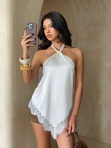 Coastalzia Women's Elegant Sexy Halter Neck Tie Top With Lace Patchwork Night Out White Summer - Apricot - View 7