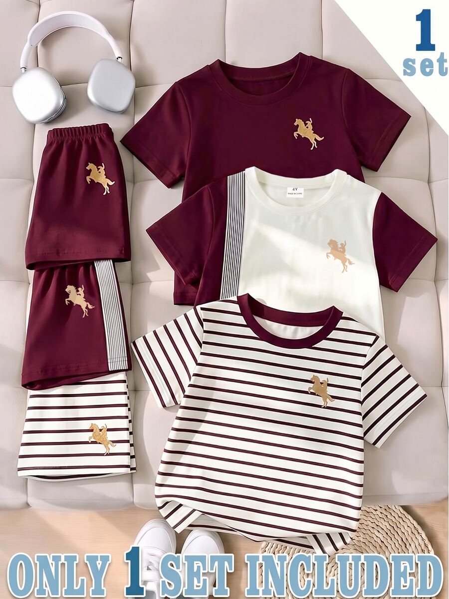 Young Boy Letter Print Short Sleeve T-Shirt And Shorts Set White,Red - Multicolor - View 1