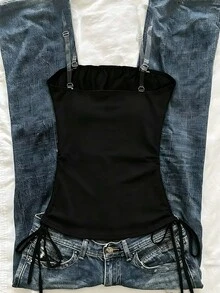 SHEIN Sparklyn Tween Girls Casual Streetwear Kidcore Y2k Solid Color Side Drawstring Tube Top Summer Halloween Black Concert Going Out - Black - View 2