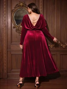 Galadore Đầm dự tiệc nhung sang trọng thanh lịch cho nữ size lớn - Màu Đỏ Sâu - Xem 5