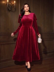 Galadore Đầm dự tiệc nhung sang trọng thanh lịch cho nữ size lớn - Màu Đỏ Sâu - Xem 3