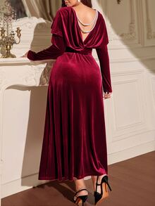 Galadore Đầm dự tiệc nhung sang trọng thanh lịch cho nữ size lớn - Màu Đỏ Sâu - Xem 4