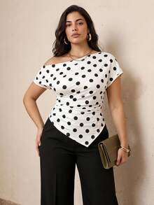 Juhart Plus Size Women Polka Dot Asymmetric Hem T-Shirt - White - View 1
