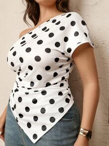 Juhart Plus Size Women Polka Dot Asymmetric Hem T-Shirt - White - View 4