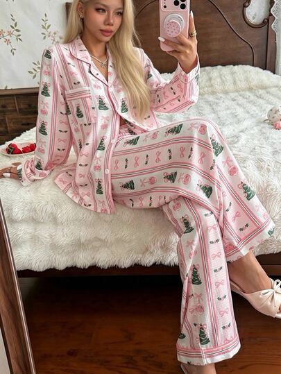 CottageSlumber Christmas Tree Striped Print Long Sleeve Pajama Set, Classic Lapel Comfortable Loungewear 2 Pieces Set