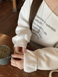 DAZY 女款單肩字母印花時尚休閒連帽衛衣 秋季 - 白色 - 查看 10