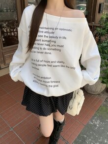 DAZY 女款單肩字母印花時尚休閒連帽衛衣 秋季 - 白色 - 查看 4