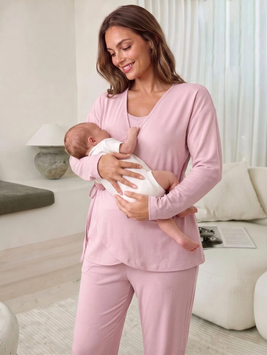 Slowluna Maternity Solid Color Drop Shoulder Long Sleeve Wrap Tie Top ...