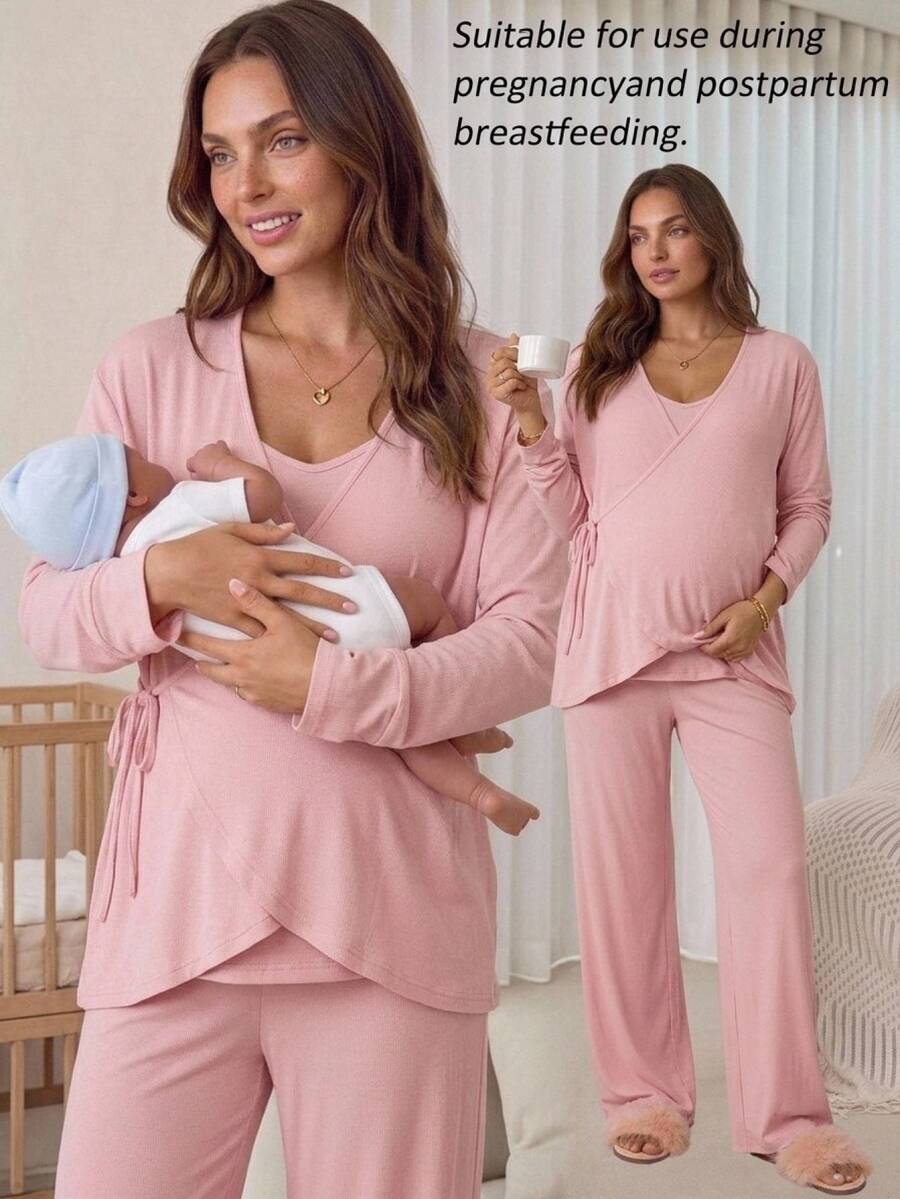 Slowluna Maternity Solid Color Drop Shoulder Long Sleeve Wrap Tie Top ...