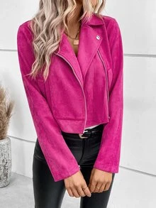 SHEIN LUNE Zip Up Faux Suede Biker Jacket - Hot Pink - View 4