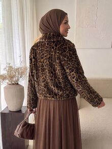 Celisse Women's Brown Leopard Print Faux Fur Jacket With Lapel Collar, Regular Fit Muslim Style, Elegant Commuter Coat For Autumn/Winter Everyday - Multicolor - View 2