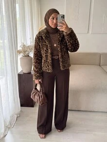 Celisse Women's Brown Leopard Print Faux Fur Jacket With Lapel Collar, Regular Fit Muslim Style, Elegant Commuter Coat For Autumn/Winter Everyday - Multicolor - View 3