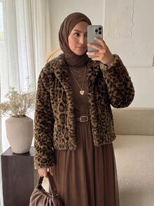 Celisse Women's Brown Leopard Print Faux Fur Jacket With Lapel Collar, Regular Fit Muslim Style, Elegant Commuter Coat For Autumn/Winter Everyday - Multicolor - View 7