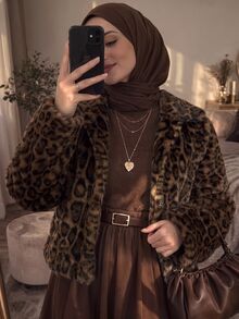 Celisse Women's Brown Leopard Print Faux Fur Jacket With Lapel Collar, Regular Fit Muslim Style, Elegant Commuter Coat For Autumn/Winter Everyday - Multicolor - View 5
