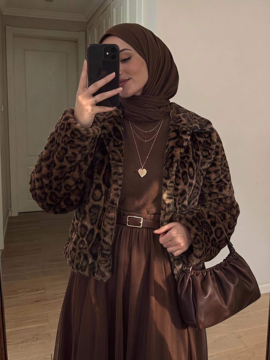 Celisse Women's Brown Leopard Print Faux Fur Jacket With Lapel Collar, Regular Fit Muslim Style, Elegant Commuter Coat For Autumn/Winter Everyday - Multicolor - View 1