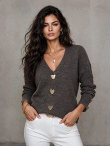 EMERY ROSE Women's V-Neck Batwing Long Sleeve Casual Sweater With Metal Decor, Autumn/Winter - Coffee Brown - View 1