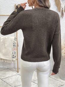 EMERY ROSE Women's V-Neck Batwing Long Sleeve Casual Sweater With Metal Decor, Autumn/Winter - Coffee Brown - View 2