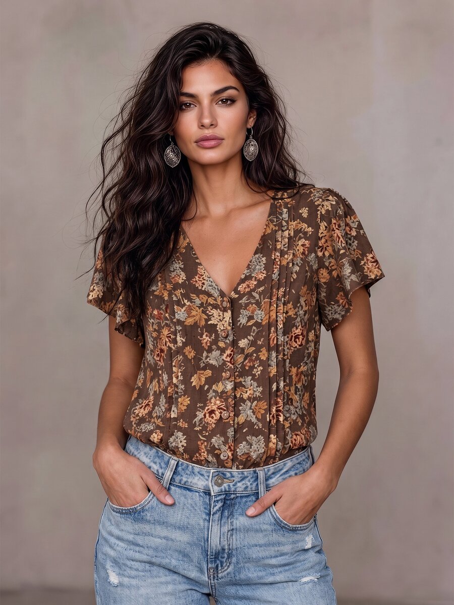 LUMIGAL Bohemian Pastoral Floral Ruffle Trim Short Sleeve Blouse, Slouchy Distressed Print Slimming Top - Multicolor - View 1