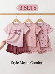 SHEIN 3套女嬰可愛休閒粉色夏季愛心波點字母抱抱天氣印花T恤上衣與荷葉邊短褲家庭套裝 - 彩色 - 查看 2