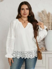 EMERY ROSE Áo blouse tay dài cổ V xẻ tà viền bèo thêu màu trắng toàn bộ size lớn, phong cách thanh lịch cho công sở, brunch, tiệc tối, mùa thu đông 2026 - trắng - Xem 10