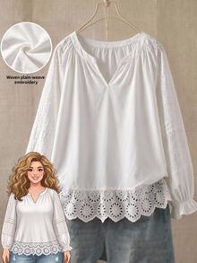 EMERY ROSE Áo blouse tay dài cổ V xẻ tà viền bèo thêu màu trắng toàn bộ size lớn, phong cách thanh lịch cho công sở, brunch, tiệc tối, mùa thu đông 2026 - trắng - Xem 1