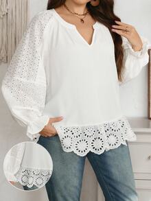 EMERY ROSE Áo blouse tay dài cổ V xẻ tà viền bèo thêu màu trắng toàn bộ size lớn, phong cách thanh lịch cho công sở, brunch, tiệc tối, mùa thu đông 2026 - trắng - Xem 3