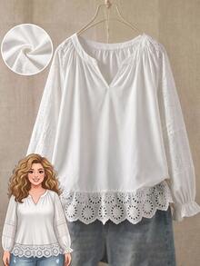 EMERY ROSE Áo blouse tay dài cổ V xẻ tà viền bèo thêu màu trắng toàn bộ size lớn, phong cách thanh lịch cho công sở, brunch, tiệc tối, mùa thu đông 2026 - trắng - Xem 12