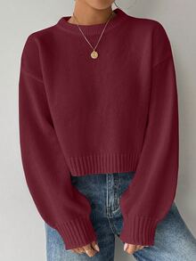 LUMIGAL Tropiluxe Women's Solid Color Simple Casual Crew Neck Long Sleeve White Sweater - Rose Red - View 5