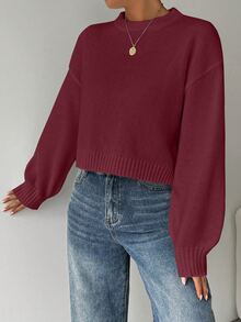 LUMIGAL Tropiluxe Women's Solid Color Simple Casual Crew Neck Long Sleeve White Sweater - Rose Red - View 6