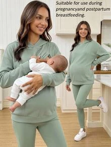 SHEIN طقم نسائي فضفاض بتصميم بسيط للرضاعة من قطعتين - أخضر - مشاهدة 1