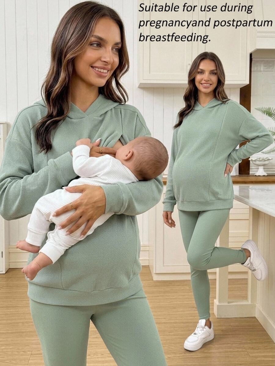 SHEIN طقم نسائي فضفاض بتصميم بسيط للرضاعة من قطعتين - أخضر - مشاهدة 1