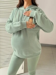 SHEIN طقم نسائي فضفاض بتصميم بسيط للرضاعة من قطعتين - أخضر - مشاهدة 8
