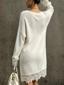 Everyssa Vestido de punto con patchwork de encaje de unicolor para mujer - Beis - Ver 3