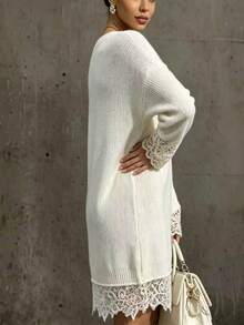 Everyssa Vestido de punto con patchwork de encaje de unicolor para mujer - Beis - Ver 6