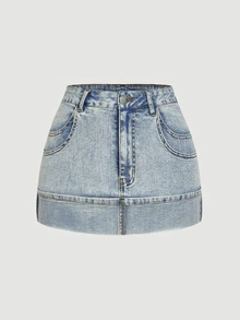 Sweetra Minifalda vaquera casual y versátil con bolsillos y puños para mujer - Azul - Ver 2