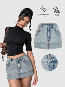 Sweetra Minifalda vaquera casual y versátil con bolsillos y puños para mujer - Azul - Ver 1