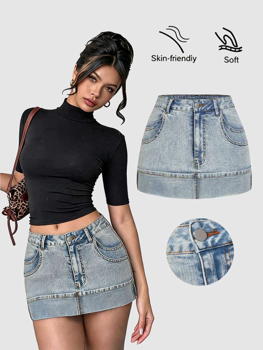 Sweetra Minifalda vaquera casual y versátil con bolsillos y puños para mujer - Azul - Ver 1