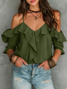 LUMIGAL Autumn Casual Boho Solid Color Cold Shoulder Ruffle Trim Short Sleeve Blouse Vacation Olive Green - Olive Green - View 6