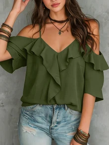 LUMIGAL Autumn Casual Boho Solid Color Cold Shoulder Ruffle Trim Short Sleeve Blouse Vacation Olive Green - Olive Green - View 4