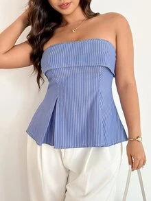 Easura 大码女式藏蓝色条纹面料优雅通勤无肩带荷叶边露脐上衣 - 藍白色 - 查看 6
