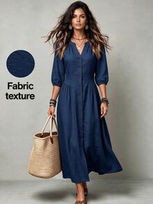 LUMIGAL Women's V-Neck Petal Sleeve Cinched Waist Button Long Dress - Navy Blue - View 1