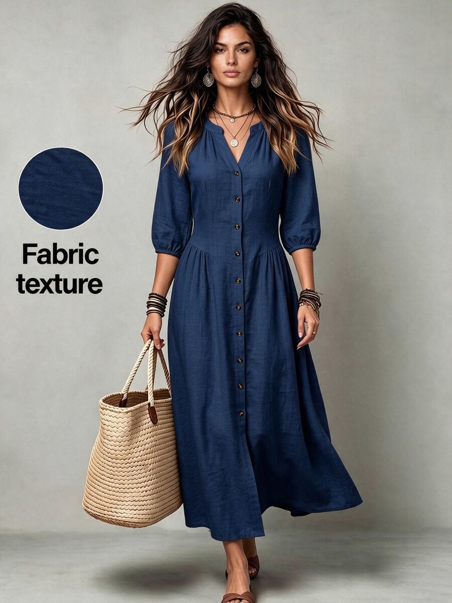 LUMIGAL Women's V-Neck Petal Sleeve Cinched Waist Button Long Dress - Navy Blue - View 1