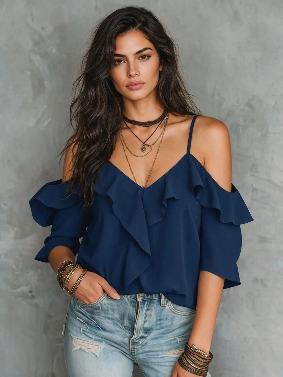 LUMIGAL Women's Summer Beach Vacation Style Solid Color Cold Shoulder Ruffle Trim Blouse - Navy Blue - View 1
