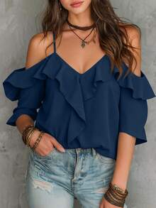 LUMIGAL Women's Summer Beach Vacation Style Solid Color Cold Shoulder Ruffle Trim Blouse - Navy Blue - View 3
