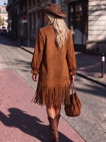 LanaWest CURVE Spring/Autumn Western Cowboy Fringe Design Rivet Straight Leg Casual Outdoor Plus Size Dress - Brown - View 2