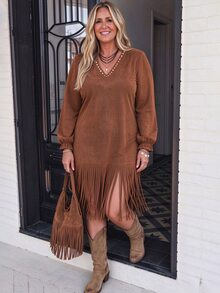 LanaWest CURVE Spring/Autumn Western Cowboy Fringe Design Rivet Straight Leg Casual Outdoor Plus Size Dress - Brown - View 7