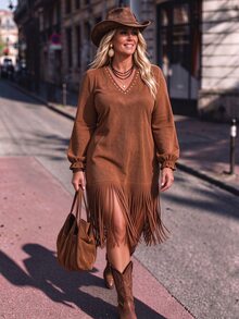 LanaWest CURVE Spring/Autumn Western Cowboy Fringe Design Rivet Straight Leg Casual Outdoor Plus Size Dress - Brown - View 1